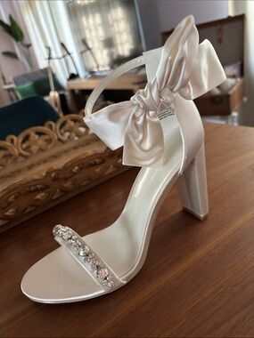 OLEG CASSINI MELANIA ANKLE BOW CRYSTAL STRAP HEELS